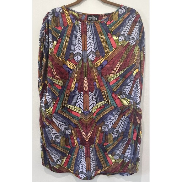 Angie Womens Multicolor Tunic Top Size M Geometric Ruched Art Lagenlook Colorful - Picture 1 of 9